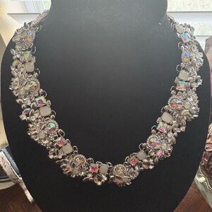 Iridescent Crystal Statement Necklace - Silver Tone